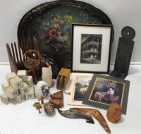 Floral Tray; Wooden Letter Blocks; Wall Art; Tin Candleholder; Wooden Figurines; Souvenirs from Alaska, Philippines, and Australia