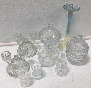 Assorted Glassware- Candle Stick Holders; Decorative Bell; Pedestal Dish; Bowl/Dish with Lid; Miniature Pitcher; Vase