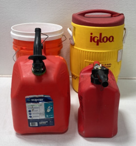 (1) Scepter 5 Gallon Gas Can, (1) 2.5 Gallon Gas Can, (1) Igloo Industrial 5-Gallon Drinking Water Dispenser, (2) 5 Gallon Buckets