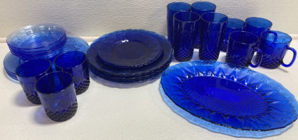 (1) 19pc Dark Blue Glass Dish Set, (1) 8pc Light Blue Glass Dish Set