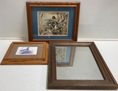 (1) Wood Framed Mirror, (2) Framed Duck Art Prints