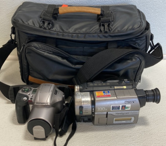 Sony Handycam Vision, Olympus IS-20 DLX Camera, Large Camera Bag