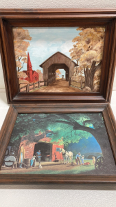 (1) Framed Covered Bridge Painting, (1) Framed Paul Detlefren Textured Print