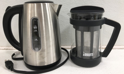 (1) Bialetti Coffee Maker Glass Carafe & Stainless Steel Mesh Filter (1) Farberware Stainless Steel 1.7 L. Electric Kettle