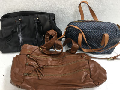 (1) Bueno Brown Purse (1) Gussaci Black Leather Purse (1) Fossil Brown/Blue Purse