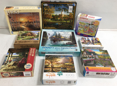 (9) Assorted 1000 Pieces Jigsaw Puzzles Including Terry Redlin, David Maclean & Time Square