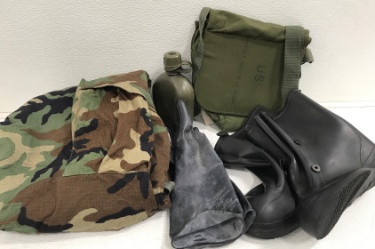 (1) Size Medium Camo Protective Pants W/ Suspenders (1) Black Sz 9 Rubber Boots (1) Canteen (1) Military Pack