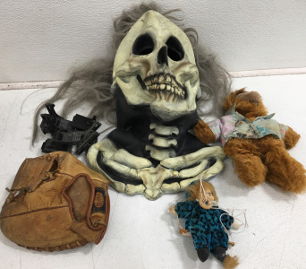 (1) Skeleton Halloween Mask (1) Vintage Alf Hand Puppet (1) Vintage Newport Baseball Glove (1) Puppet