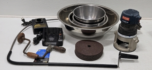 WORKING ROUTER, 7" SANDING DISKS, 9.5"-18" STAINLESS BOWLS, BATTERY CHARGERS, TOILET AUGER