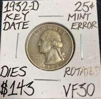 1932-D VF30 Key Date Mint Error Quarter