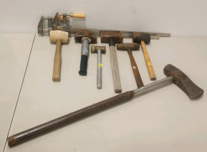 (2) Metal 27" Wood Clamps (3) Sledge Hammers (3) Rubber Mallets (1) Homemade Ax