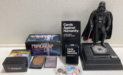 Death Vader Bank, Cards Against Humanity w/ Expansion, MindTrap, Stickers, Magic the Gathering Cards, Star Wards Cards