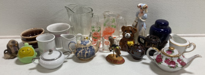 Assorted Vintage Tea Pots, Figurines, and Knick Knacks