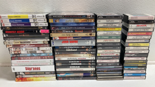 (40) Assorted DVD Movies and TV Shows, (7) CDs, (32) Country Cassette Tapes