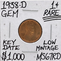 1938-D ME67RD RARE Key Date Wheat Penny