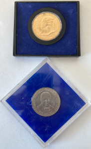 AMERICAN REVOLUTION BICENTENNIAL JOHN ADAMS COIN AND WINSTON CHURCHILL CENTENARY ONE CROWN COIN