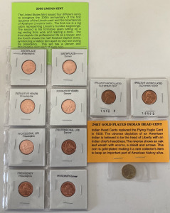 24KT PLATED INDIAN HEAD CENT, BRILLIANT UNCIRCULATED WHEAT CENTS AND 2009 LINCOLN CENTS