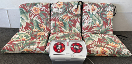 (3) PATIO CHAIR CUSHIONS AND A HOMEDICS FOOT MASSAGER (WORKS)