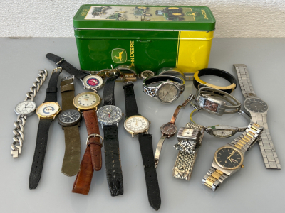 JOHN DEERE TIN CAN WITH WRISTWATCHES