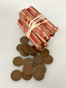 (4) ROLLS OF VINTAGE WHEAT BACK PENNIES. DATES BETWEEN 1909-1958.