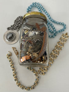 MASON JAR FULL OF VINTAGE JEWELRY