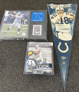 INDIANAPOLIS COLTS PEYTON MANNING FLAG, ANDREW LUCK FIGURINE AND PLAQUE