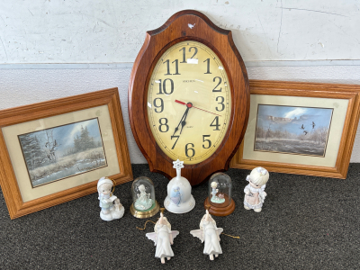 PRECIOUS MOMENTS DECOR & ORNAMENTS (7), GEESE IN FLIGHT WALL HANGINGS (2) AND WOOD FRAMED CLOCK (WORKS)