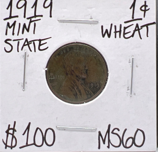 1919 MS60 Mint State Antique Wheat Penny