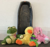 TORPEDO SLED, DAN DEE COLLECTORS CHOICE DUCK AND BUNNY STUFFED ANIMAL, KELLYTOY FROG, ROARING SPRINGS MONKEY