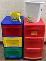 TWO STERILITE STORAGE BINS WITH HATS AND MORE, WHITE WASTE BASKET, MINIONS SAND BUCKET - 4