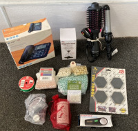 AT&T SPEAKERPHONE, MAGNETIC SAND HOURGLASS, REVLON HAIR CURLERS (2), STRING OF BEADS (3) , LOVE CAN AND MORE