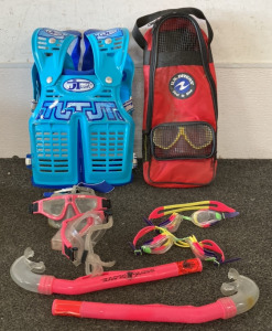 US DIVERS GEAR, JT USA MOTOCROSS CHEST PROTECTOR, TWO BODY GLOVE SNORKELS AND GOGGLES, TWO DOLFINO GOGGLES