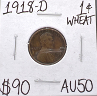 1918-D AU50 Denver Antique Wheat Penny