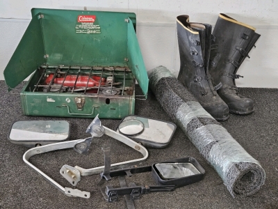 COLEMAN 18X12 CAMP STOVE, MIRROR EXTENSIONS, MEN'S 12 RUBBER BOOTS, RUBBER MAT