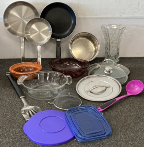(2) STAINLESS STEEL TOOLS PANS (9.5 IN & 7 IN), 10" LIVING SOLUTIONS PAN, STAINLESS STEEL POT, TERRACOTTA POT, (2) GLASS LIDS, (1) METAL LID, AND MORE