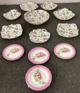 GERMANY 30 SIX-PIECE PINK FLOWER FINE CHINA PLATES, FINE CHINE EIGHT-PIECE SET SIDE PLATES AND BOWL