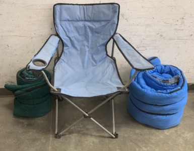 BLUE FOLDABLE CAMPING CHAIR WITH A BLUE WHITESTAG SLEEPING BAG (33X75IN) AND A GREEN WENZEL SLEEPING BAG (29x75IN)