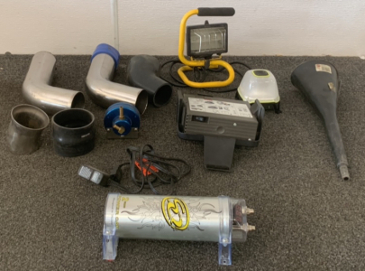 (2) EXHAUST PIPES, HAND-HELD WORK LIGHT (POWERS ON), VENTREX AUR COMPRESSOR (POWERS ON), (2) FARAD, POWER CAP AND MORE