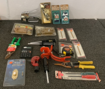(2) DEADLOCK SINGLE CYLINDERS, KEEPER CHROME ROPE CLEAR, WIRED PUSH BUTTON, MEASURING TAPE 16&rsquo;X3/4&rdquo;, (3) SHOP-TEK HIGH SPEED STEEL TWIST DRILLS, METAL STAPLE GUN, METAL MASTER AVIATION SNIPS, AND MORE