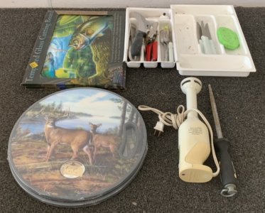 (2)TEMPERED GLASS CUTTING BOARDS, (2)RIVERS EDGE ANTIBACTERIAL PLASTIC CUTTING BOARD, BRAUN HAND MIXER (POWERS ON), UTENSIL DIVIDERS, AND MORE