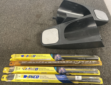 PAIR OF TOWING MIRROR AND 4 SETS OF WIPER BLADES - STILL IN BOX
