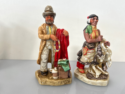 VINTAGE LEWIS & CLARK KENTUCKY STRAIGHT WHISKEY PORCELAIN DECANTERS (EMPTY) “INDIAN & TRADER” DESIGN