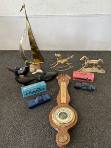 VINTAGE GLASS FRAGRANCE BOTTLES (EMPTY), VINTAGE BANJO SHAPES WEATHER STATION, BRASS SAILBOAT AND METAL HORSE FIGURINES