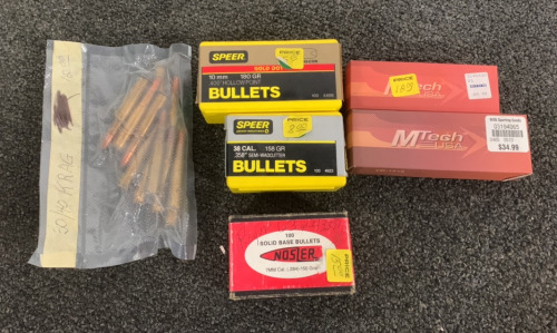 NOSLER 100 SOLID BASE BULLETS 7MM CAL, SPEER GOLD DOT 10 MM 180 GR 400”HOLLOW POINT BULLETS, SPEER 38 CAL. 158 GR .358” SEMI-WADCUTTER BULLETS, MTECH YD-1218 POCKET KNIFE, AND MORE