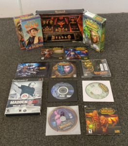 WORLD OF WARCRAFT THE BURNING CRUSADE DISCS, DIABLO BATTLE CHEST GAME, JOHN WAYNE VHS MOVIES, AND MORE