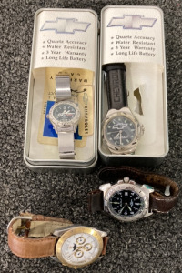 ARMITRON STAINLESS STEEL WATCH, EB WATER RESISTANT WATCH, TWO CHEVROLET WATCHES
