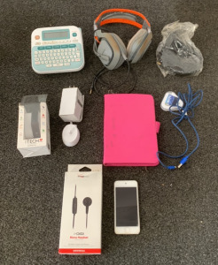 IPOD WITH CHARGER, (POWERS ON), P-TOUCH EMBELLISH LABEL MAKER, ITECH FUSION SMARTWATCH, ZEKI TABLET (UNABLE TO TEST), I-DIGITAL MONO HEADSET AND MORE