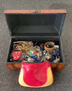 WOODEN CHEST OF COSTUME JEWELRY