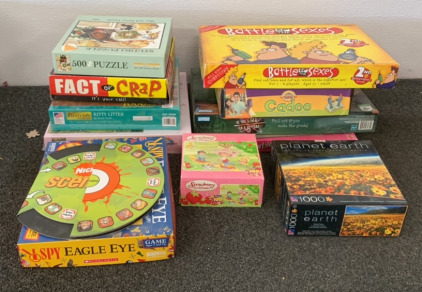 BOARD GAMES AND JIGSAW PUZZLES INCLUDING, ARE YOU SMARTER THAN A 5TH GRADER, CRANIUM CADOO, BATTLE OF THE SEXES, PLANET EARTH JIGSAW PUZZLE AND MORE