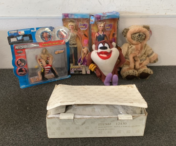 PORECLAIN DOLL FROM HERITAGE SIGNATURE COLLECTION WITH CERTIFICATE OF AUTHENTICITY, (2) HANNAH MONTANA DOLLS, WRESTLE MANIA XVII JERICHO AND KURT ANGLE FIGURINES AND MORE